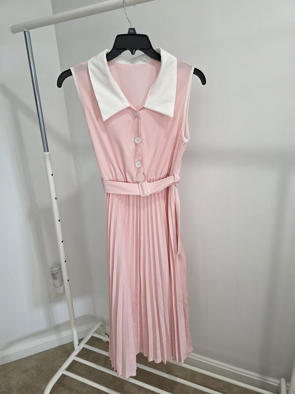 SHEIN Pink Sleeveless Pleated Midi Dress with White Collar